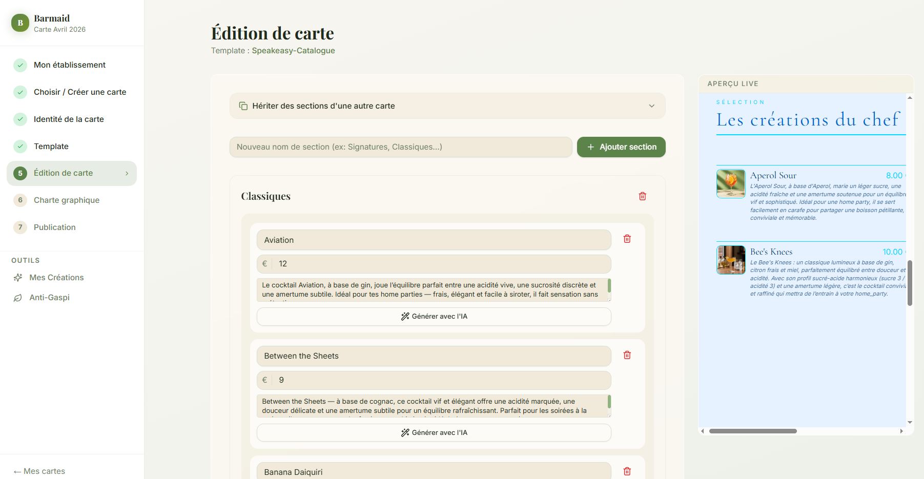 MagiCocktails Espace Barmaid : workflow de publication d'une carte de cocktails en 7 étapes avec export PDF