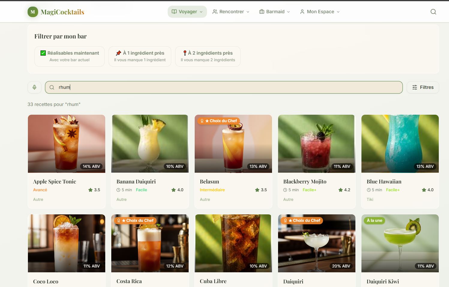 MagiCocktails : catalogue de recettes avec filtres Mon Bar, recherche vocale, ABV, difficulté et notation